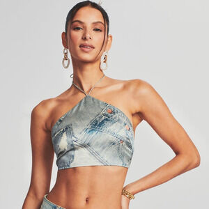 NWT Retrofête Women’s Duncan Silk Halter Crop Top Trompe L’Oeil Denim Size S